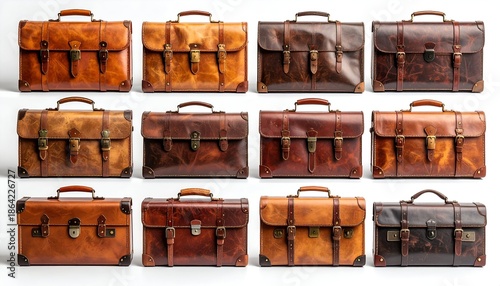 Collection of vintage leather briefcases displayed on white background