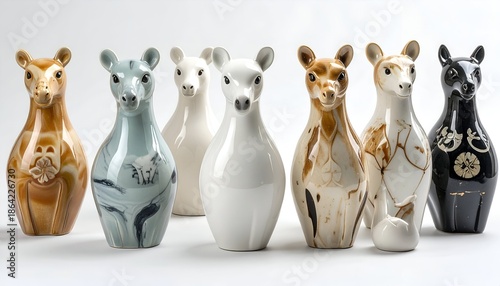 Decorative ceramic deer figurines on a white surface with varied colors and textures