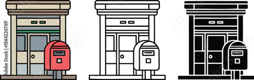 Post office silhouette & Outline and illustration set isolated on transparent background