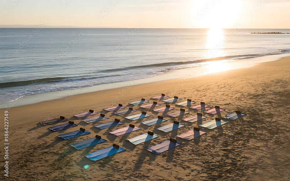 Fototapeta Sunset beach yoga class with colorful mats