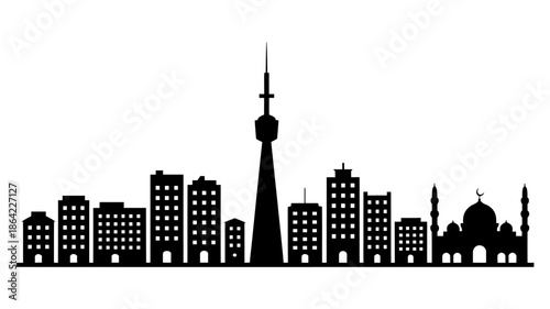 Modern city skyline silhouette featuring diverse architecture including a tall tower and a mosque