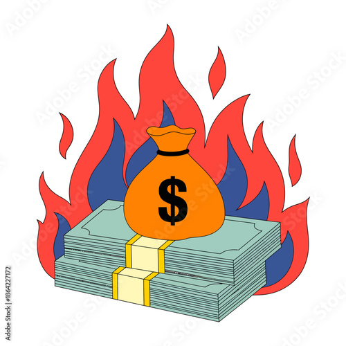 Economic downturn and financial crisis represented by money and a money bag burning in fire