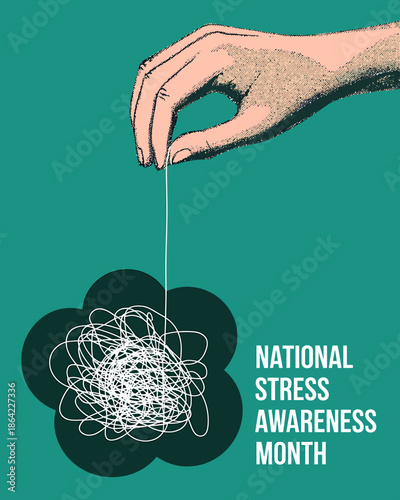 National Stress Awareness Month conceptual illustration of hand untangling a messy knot isolated on transparent background
