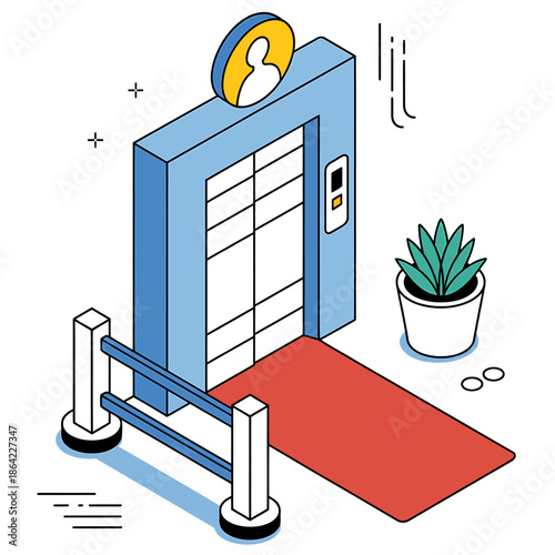 Elevator access with red carpet and queue barrier for exclusive user experience