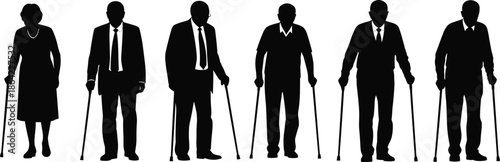 Elderly people silhouettes walking with canes showing senior men and women aging mobility support retirement healthcare concept illustration