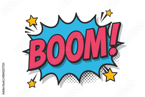 Boom! comic book style speech bubble with explosion effect and stars