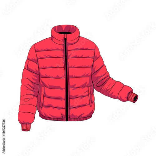 Red puffer jacket and winter down coat illustration isolated on transparent background