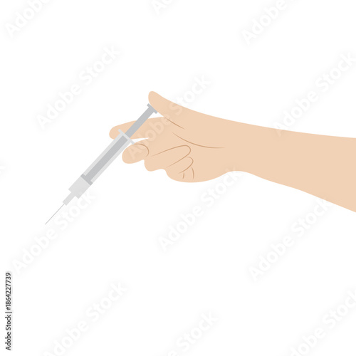 Cartoon hand with a syringe, flat vector illustration, isolated on white background, injection