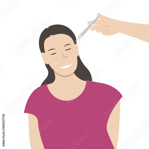 Cartoon hand with a syringe near the face of a joyful girl, flat vector illustration isolated on white background, injection