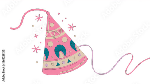 pink party hat with ribbons and confetti