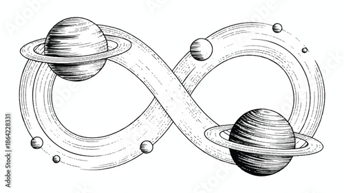 Planets and rings in infinity symbol  science illustration