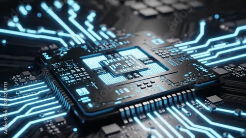 Advanced Computer Microchip Processor With Glowing Circuits Representing High Performance Digital Technology Video
