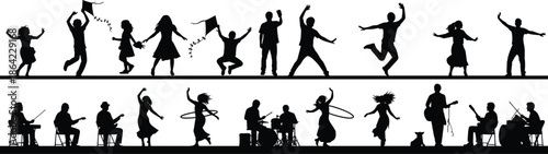 Dancing and music silhouettes celebrating joy, freedom and creativity, people performing, festival lifestyle, artistic expression, entertainment, movement, happiness concept illustration