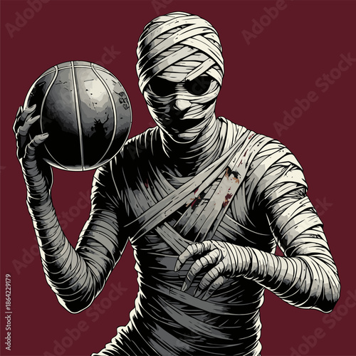 illustration of a mummy who is good at playing basketball
