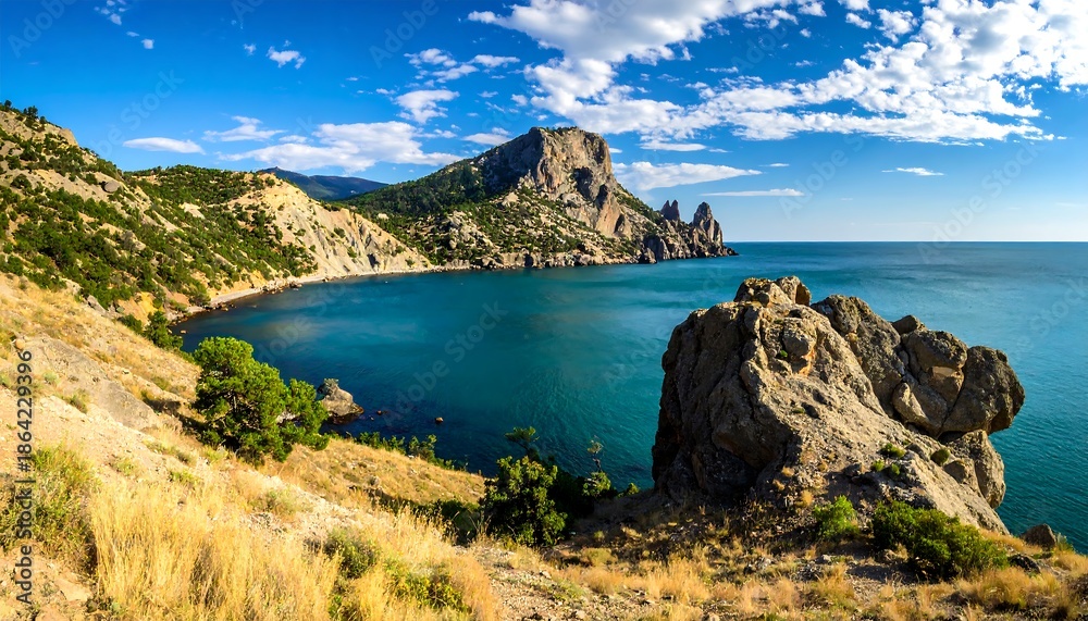 Fototapeta premium Scenic Coastal Landscape with Rugged Cliffs and Turquoise Sea Under a Blue Sky.