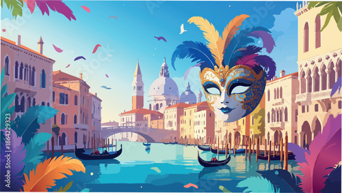 Venice carnival mask floating above grand canal