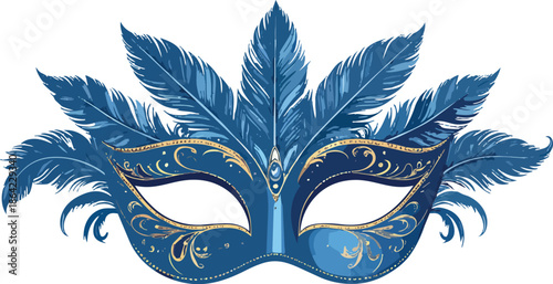 Blue masquerade mask with feathers and gold adornment