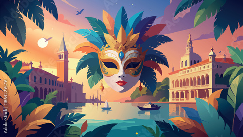 Venetian carnival mask floating over canal cityscape