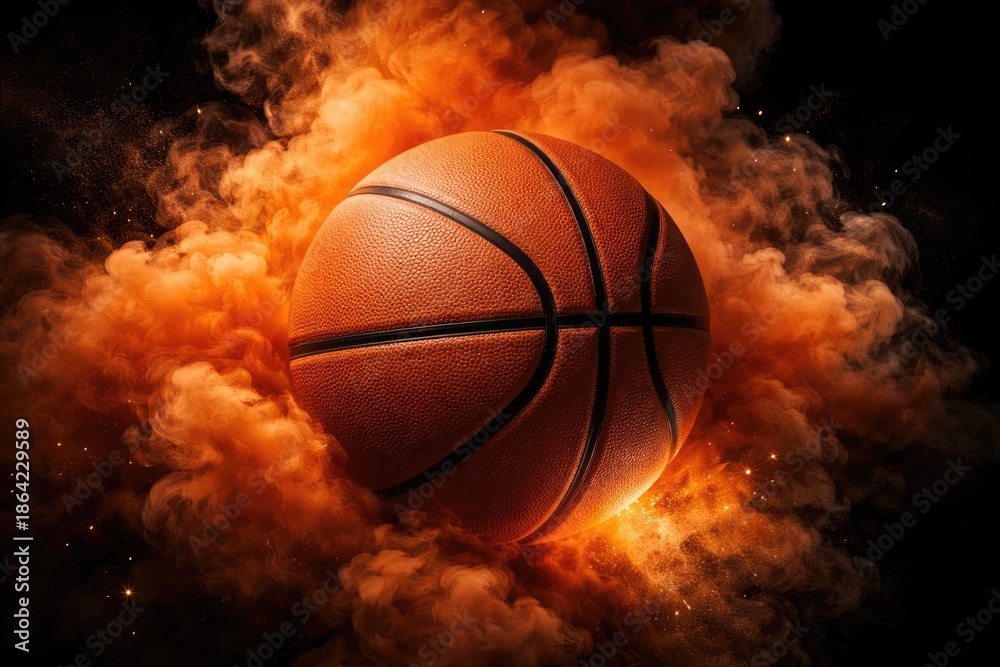 Fototapeta premium Basketball Ball Exploding with Fire and Smoke on Dark Background
