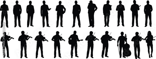 Male silhouettes standing and playing musical instruments, professional men poses and musicians collection, black figures isolated on white background