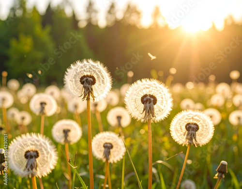 Dandelion seed heads in field bathed in warm sunlight at sunset time