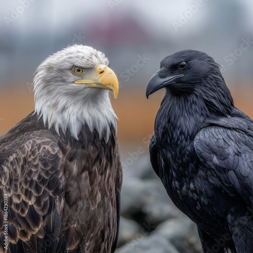 Wallpaper Mural Bald Eagle and Raven Portrait Side by Side - Contrast Between Two Intelligent Birds Torontodigital.ca