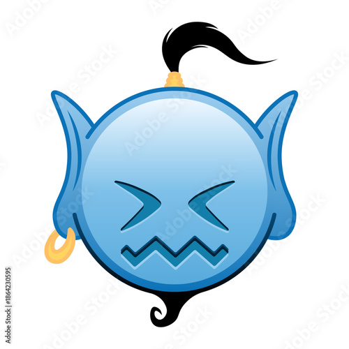 Blue genie cartoon emoji with expression of shame face