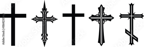 Christian Cross Icon Set, Five Black Religious Silhouette Symbols, Traditional Latin and Decorative Crucifix Vector Graphics, Spiritual Faith Design Elements