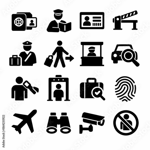 Travel security icons: passport, border control, surveillance, baggage screening, identification.