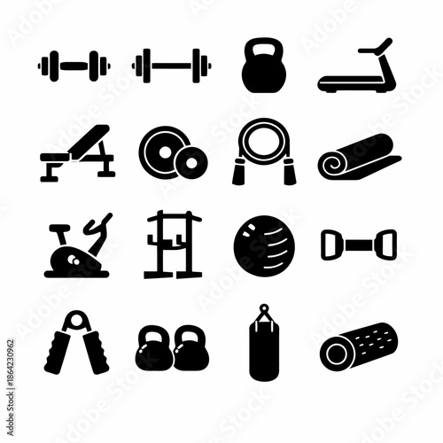 Set of fitness equipment icons for workout and training routines.