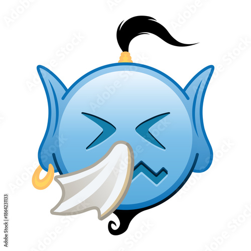 Blue genie cartoon emoji with sneezing face