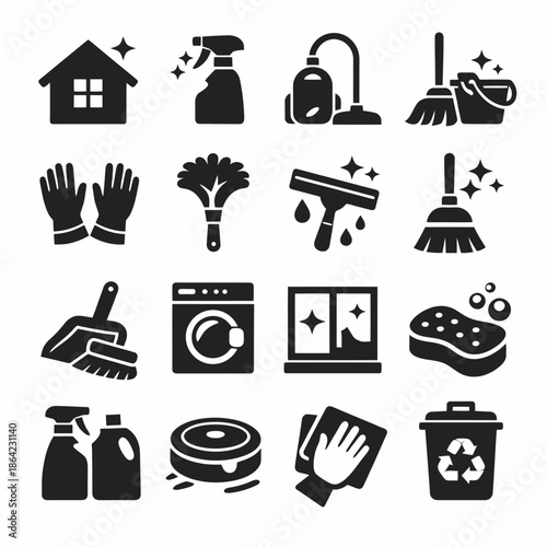 Various cleaning icons: vacuum, mop, gloves, recycling bin, duster, sponge, spray bottles.