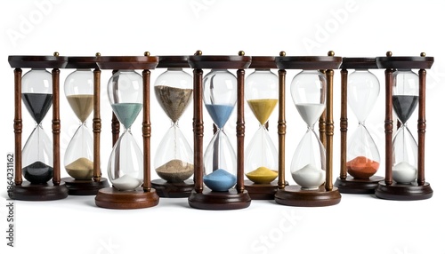 Collection of hourglasses with colorful sand against a white background