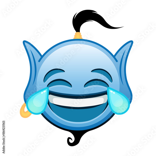 Blue genie cartoon emoji with tears of joy face