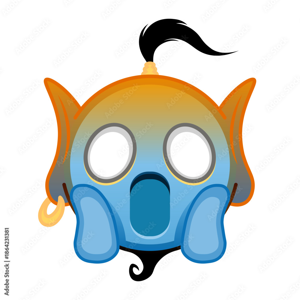 Fototapeta premium Blue orange genie cartoon emoji with face screaming in fear