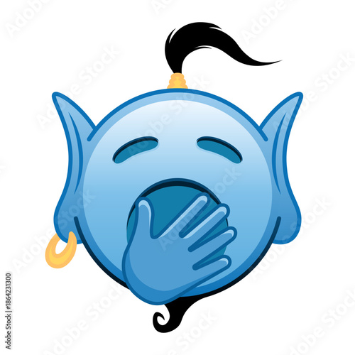 Blue genie cartoon emoji with yawning face