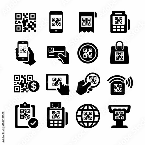 Qr code icons for payment and digital transactions in various devices.