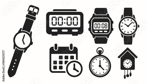 Set of Time Management and Clock Icons. Black and White Illustrations featuring Wristwatches, Digital Alarm Clocks, Calendars, Pocket Watches, and Cuckoo Clocks