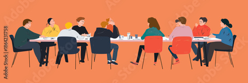 Group of diverse professionals sitting around large table in modern meeting room collaborating and discussing project ideas in flat vector style illustration