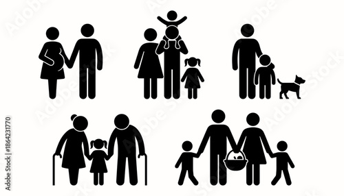 Set of diverse family stick figure icons and silhouettes representing life stages including pregnancy, parenting, elderly grandparents, and family activities 