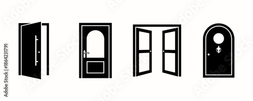 Black Door Icon Set  : Open and Closed House Entrances, Double Doors, and Arched Portals in Flat Minimalist Style