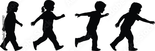 Silhouettes of children walking and running in motion sequence, black figures, transparent background, growth and activity illustration