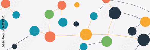 Colorful abstract social network connection dots and lines banner with circles linked by thin lines in minimalist flat vector style for technology and communication concept background