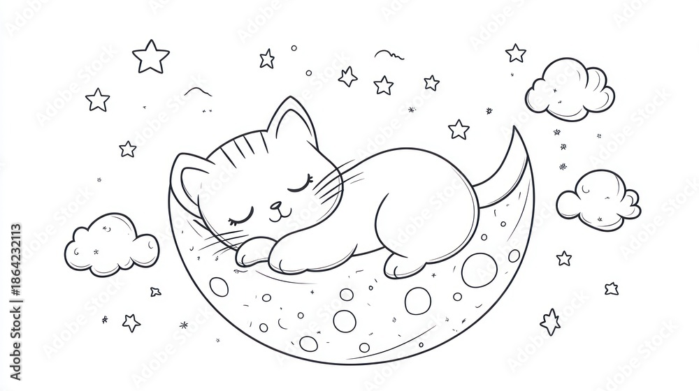 Fototapeta Cute kitten sleeps on crescent moon, stars, clouds.  Children's book illustration