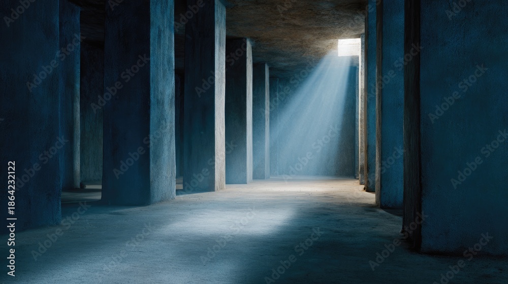 Fototapeta premium Dramatic Concrete Corridor with Columns and Natural Light Beam