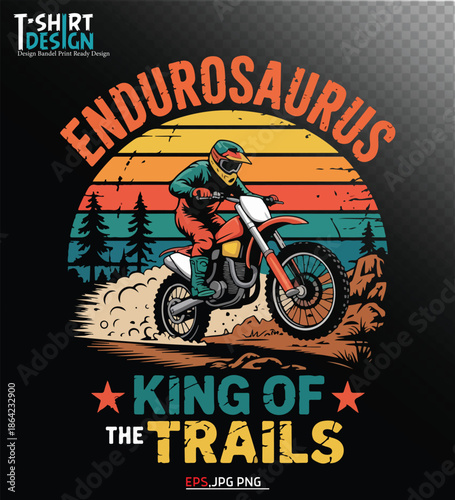 A dynamic motocross biker racing through the air on a powerful motorcycle in a bold vintage-style illustration