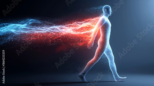Abstract human figure walking with flowing energy waves representing vitality and movement.
