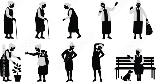Silhouettes of elderly woman in daily activities, black figures, expressive posture, transparent background, aging and lifestyle illustration