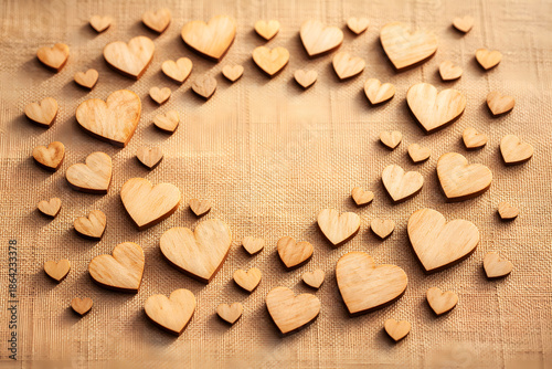 Rustic Wooden Heart Pattern Background on Natural Linen Fabric