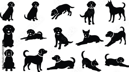 Silhouettes of fifteen dogs in diverse poses, black figures, expressive posture, transparent background, canine behavior and body language illustration